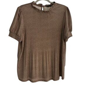 Adrianna Papell Shimmer Babydoll Blouse Medium Taupe Metallic Puff Sleeve